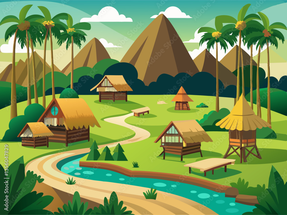 Obraz premium colorful illustration of traditional dayak village valley