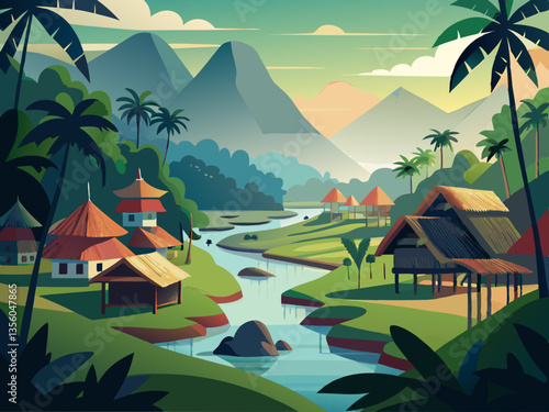 colorful illustration of traditional dayak village valley