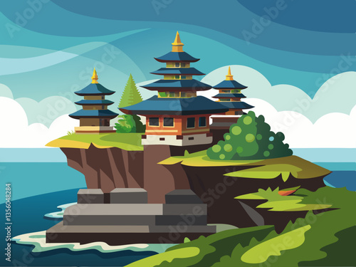 colorful illustration of traditional balinese temple perched on the cliff