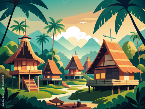 colorful illustration of traditional torajan village