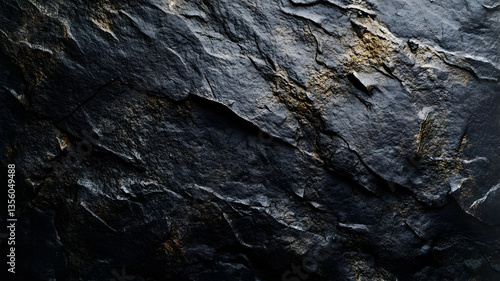 Close-up of rough textured black stone surface with detailed cracks