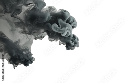 dark grey smoke plume, swirling texture, white background, isolated, no background