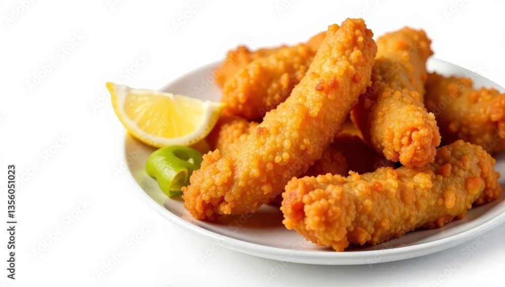 Crispy fried chicken strips, isolated on white , snack, fastfood Crispy fried chicken strips, isolated on white , snack, fastfood