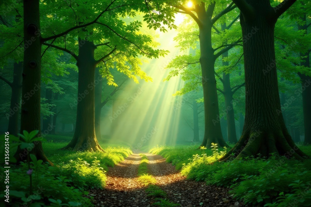 Obraz premium Dappled sunlight filtering through the forest canopy, forest, greenery