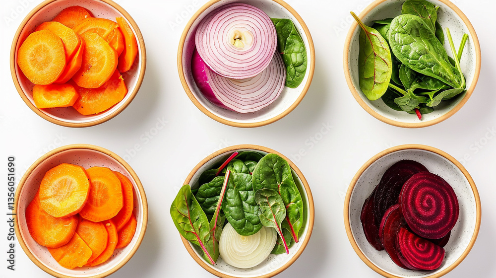 Sliced vegetables in clean round ceramic bowls, minimalist and organized presentation Sliced vegetables in clean round ceramic bowls, minimalist and organized presentation