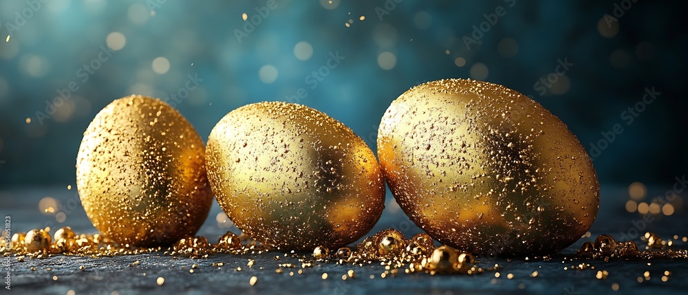 Three golden eggs sit on a dark surface near small golden objects