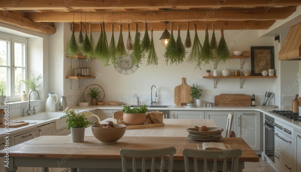 Fototapeta premium Modern rustic kitchen with hanging herbs and wooden decor 