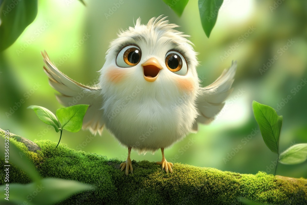 Fototapeta premium Cute bird, joyful expression, forest branch, lush foliage background, digital illustration