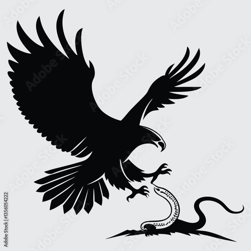An eagle snatching a snake from the ground  image silhouette design vector art and illustration