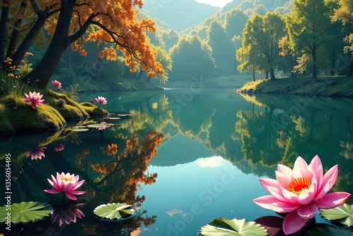 Intricate floral pattern reflected on calm lake surface, aquatic, tranquil