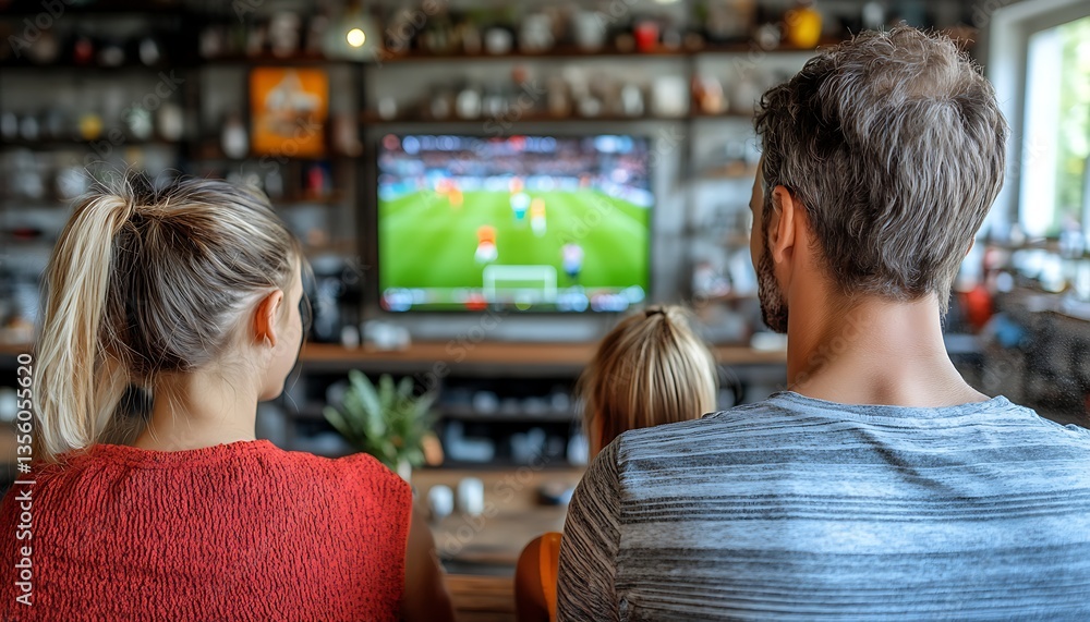Family watching soccer game at home. Family watching soccer game at home.