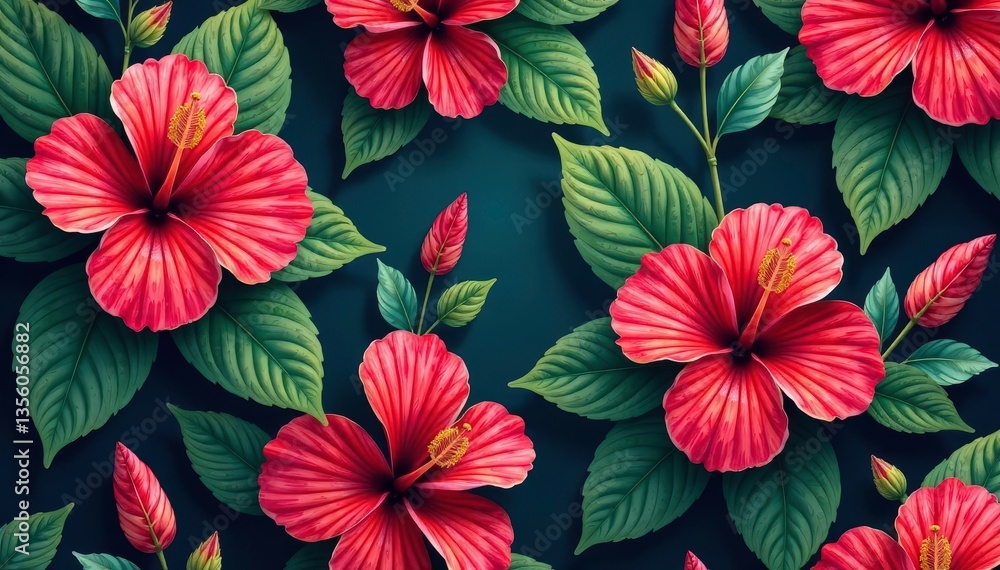 Intricate hibiscus blossoms, lush leaves, vibrant repeat pattern , floral, leaves Intricate hibiscus blossoms, lush leaves, vibrant repeat pattern , floral, leaves