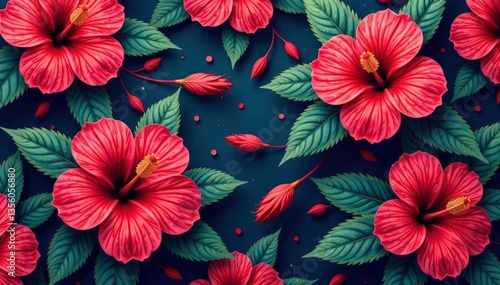 Intricate hibiscus blooms, vibrant colors, repeating pattern, flower, pattern