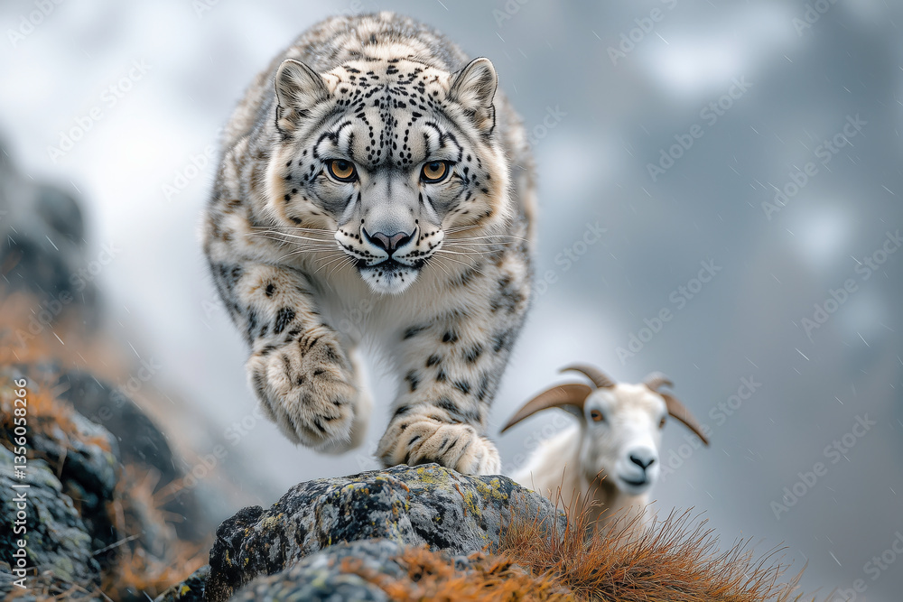 Obraz premium Snow Leopard Approaching in Mountain Terrain with Goat in Background