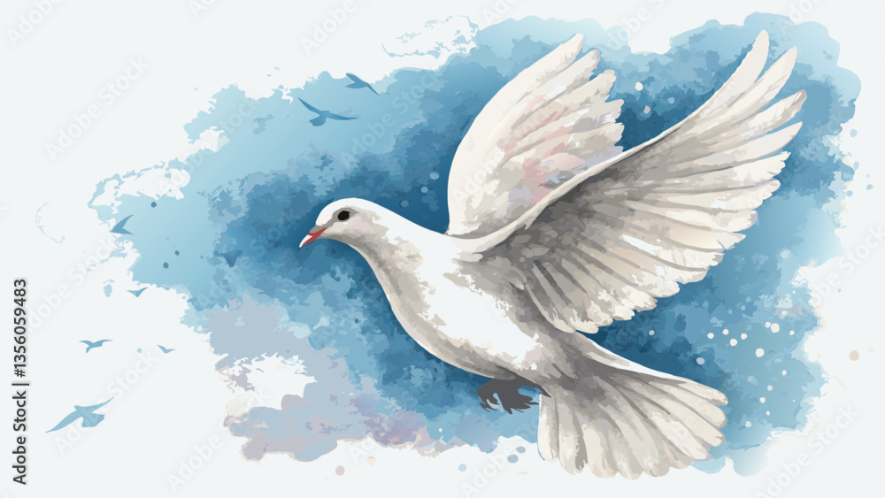Obraz premium Watercolor painting of a dove in flight, symbolizing peace and freedom, against a dreamy blue background 