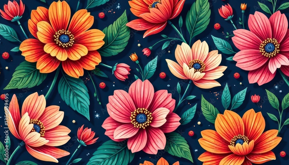 Intricate repeating botanical print, vibrant hues, red, image Intricate repeating botanical print, vibrant hues, red, image