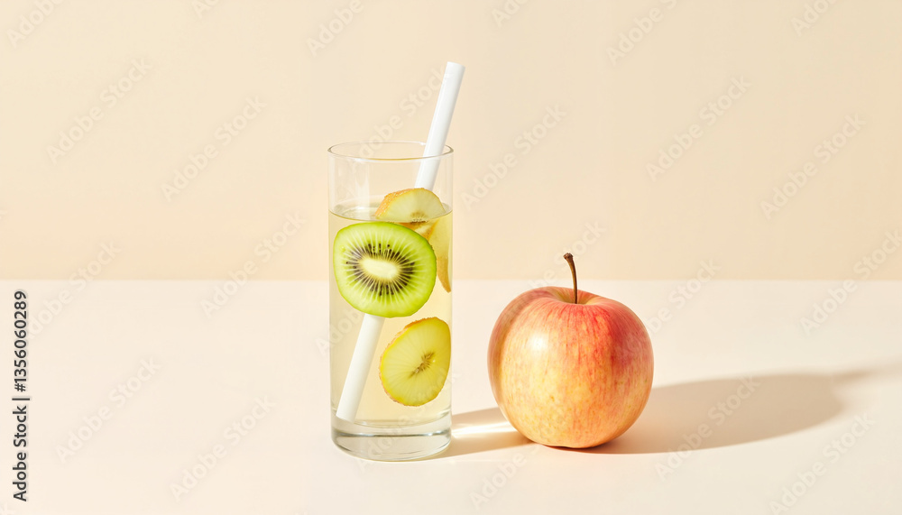 Fototapeta premium Refreshing fruit drink with kiwi and apple on a light background