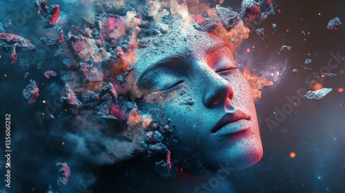 Abstract digital art of a face dissolving into fragments