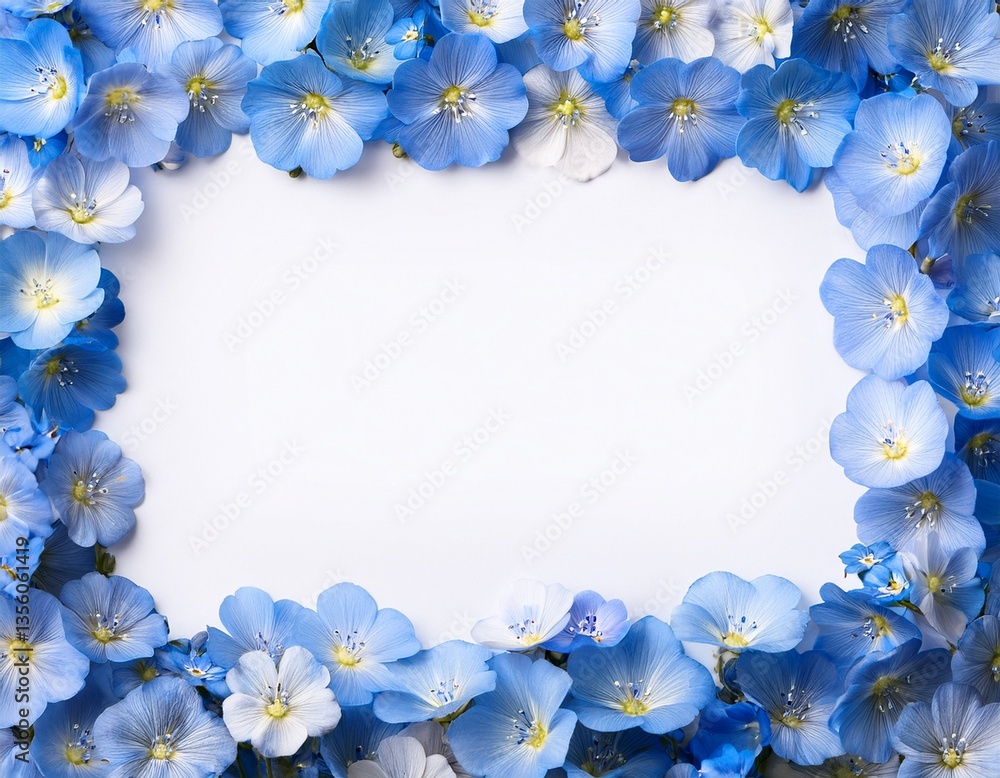 水色のネモフィラの花のフレーム背景素材。テキストスペースあり。AIで生成 水色のネモフィラの花のフレーム背景素材。テキストスペースあり。AIで生成