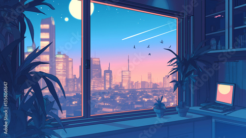 満月が輝く未来都市の夜景 高層ビル群と静かな湖の反射 近未来アート ネオンカラーとシンセウェーブ風のパステルイラスト 風景素材 バックグラウンド 夜の街並み