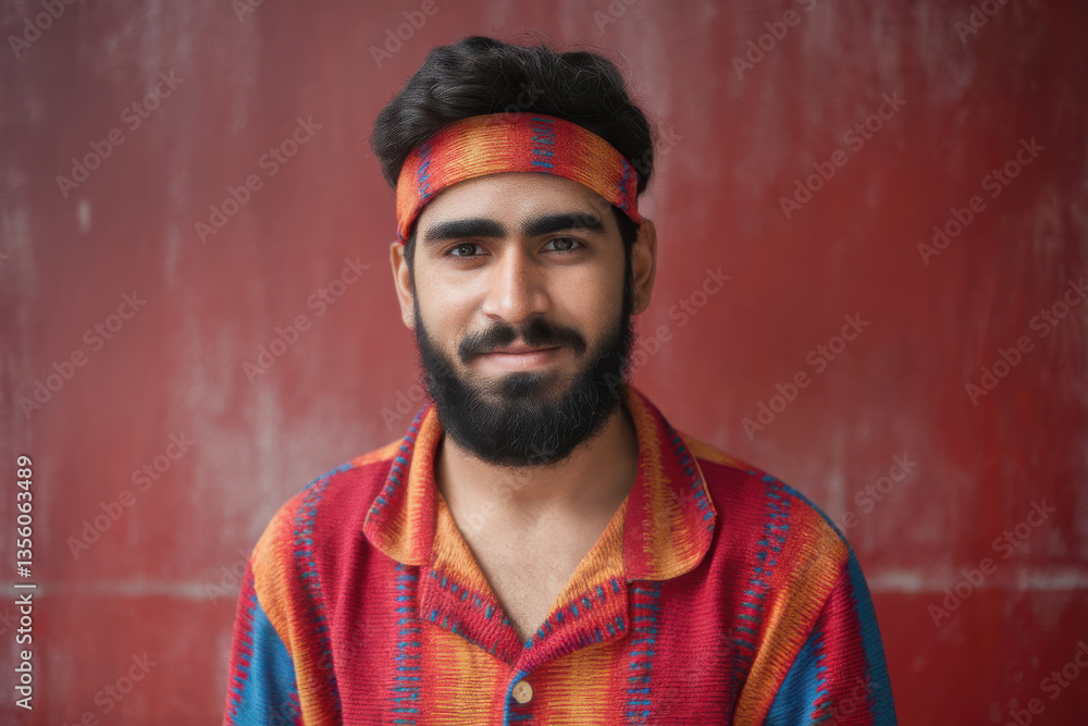 Colourful studio portrait of a young man, red wall Colourful studio portrait of a young man, red wall