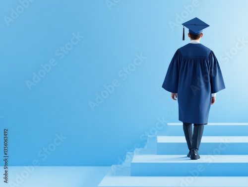 Graduate walking up stairs