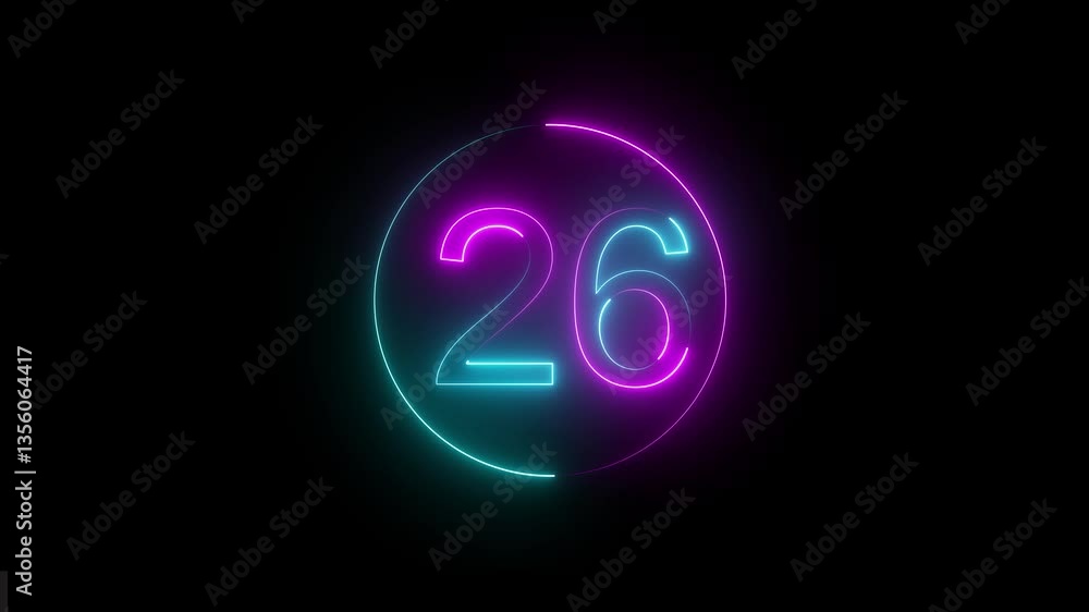 Neon number 26 on black background 4K animation. Neon dial number 26 glowing animation. 4K neon number Twenty-six
Neon number 26 on black background 4K animation. Neon dial number 26 glowing animation. 4K neon number Twenty-six