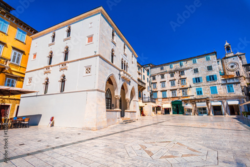 Split, Croatia:Old town hall in Narodni Trg or People’s Square, centre of Split old town. Zeljezna Vrata or Iron Gate and Pjaca Clock Tower, Dalmatia, Europe