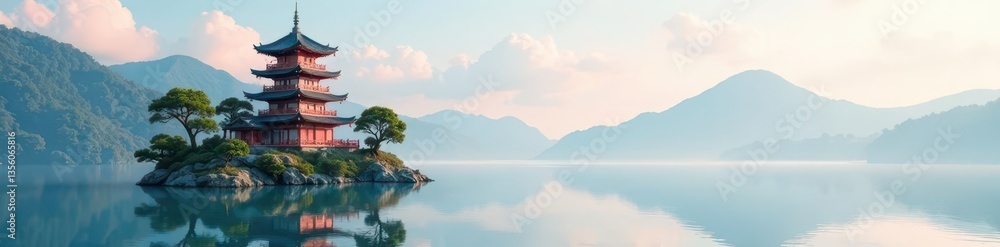 Pastel pagoda, whimsical island, serene water reflection, pastel, culture, floating Pastel pagoda, whimsical island, serene water reflection, pastel, culture, floating
