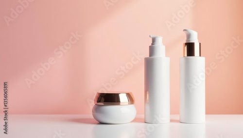 Wallpaper Mural Luxury skincare products on white Sleek bottles, minimalist design , photography, commercial Torontodigital.ca