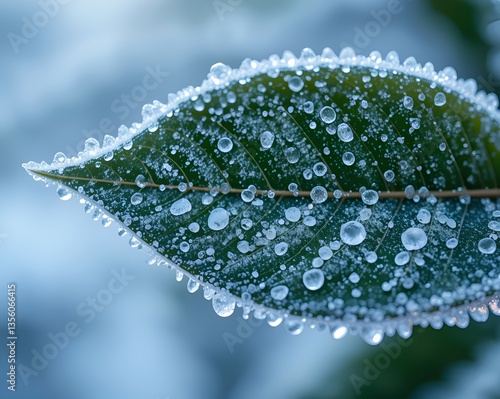 Close-up of a Leaf Covered in Dew Drops on a Chilly Morning