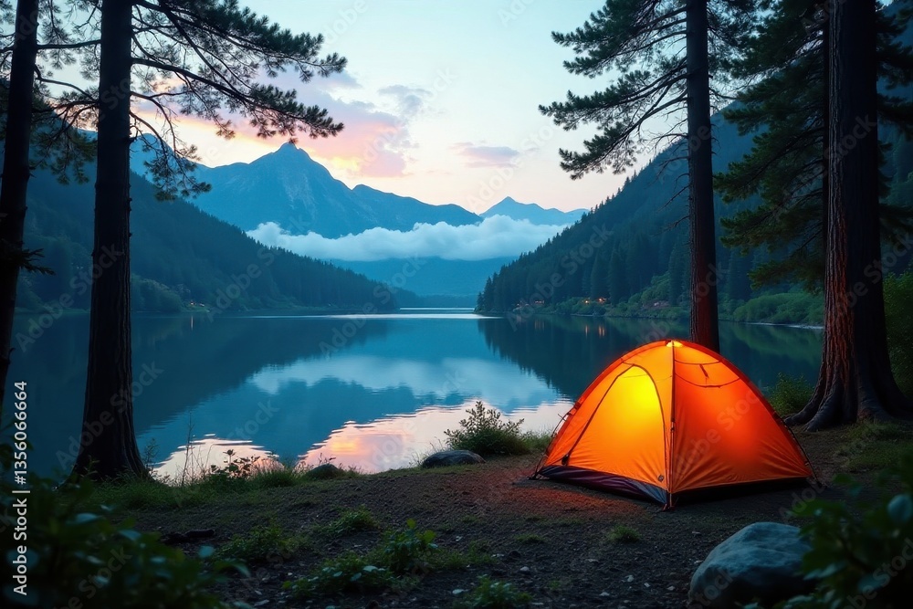 Serene lakefront campsite, tents nestled amongst trees, wilderness, leaves Serene lakefront campsite, tents nestled amongst trees, wilderness, leaves