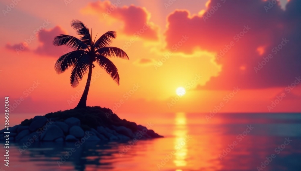 Single palm tree silhouette on miniature island at sunset , background, sun, landscape