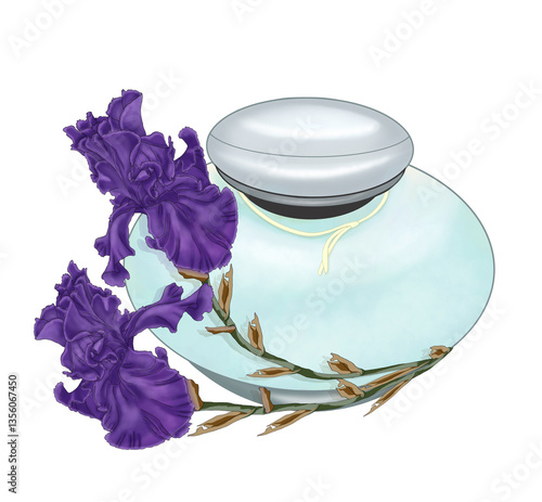 Perfume bottle with Iris Flowers. Fragrances. Beauty Illustration