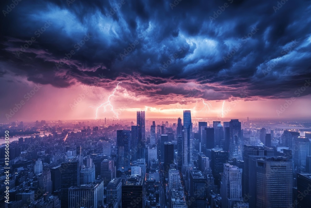 Fototapeta premium A stunning city skyline before a storm, dark clouds hover over towering skyscrapers, and distant lightning illuminates the scene, creating an intense and immersive moment.