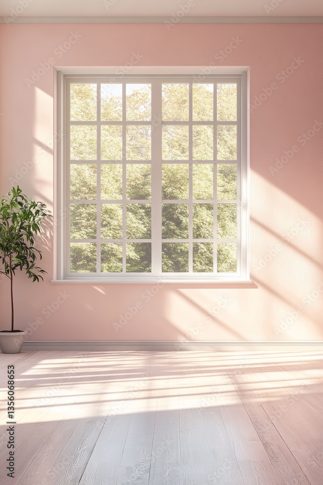 Fototapeta premium A spacious, empty room with soothing pastel tones and a large window that floods the space with warm daylight. The interplay of light and shadow adds depth.