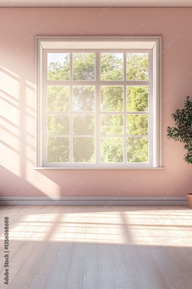 Fototapeta premium A spacious, empty room with soothing pastel tones and a large window that floods the space with warm daylight. The interplay of light and shadow adds depth.