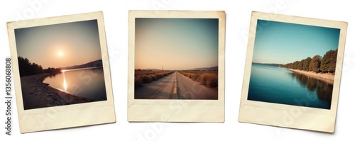 Three vintage instant photos isolated on white background, perfect for scrapbooking , macro, corner