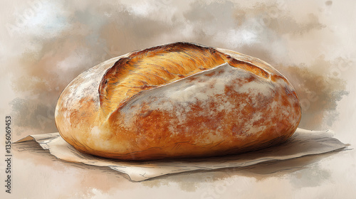 Rustic bread loaf in watercolor style on neutral background