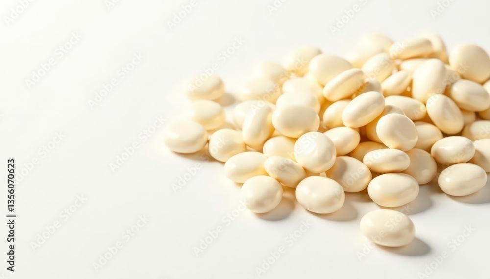 Scattered white beans against pure white backdrop, natural, minimal Scattered white beans against pure white backdrop, natural, minimal