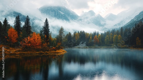 Wallpaper Mural A serene lake nestled amidst a misty mountain range, with lush forests reflecting in the still water Torontodigital.ca