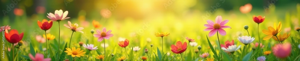 Fototapeta premium Sun-drenched meadow; handmade paper flowers scattered amidst wildflowers, nature, garden, botany