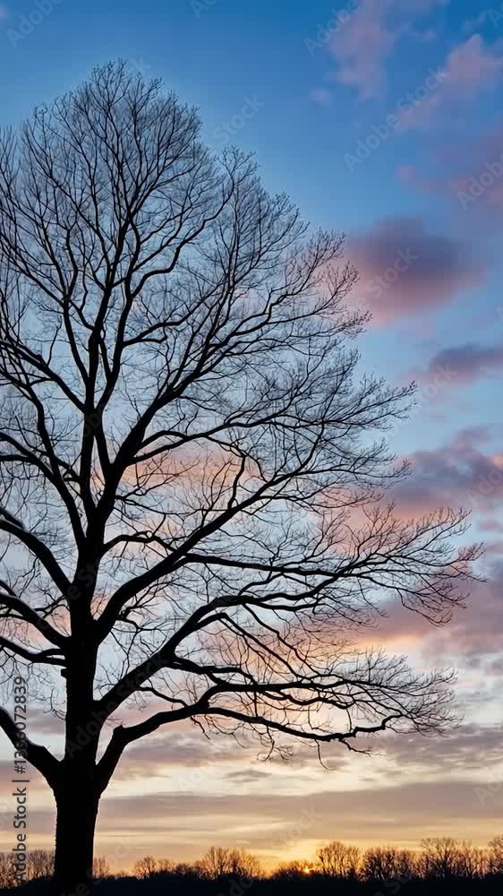 Silhouetted tree against a colorful sunset sky with vibrant clouds and tranquil atmosphere Silhouetted tree against a colorful sunset sky with vibrant clouds and tranquil atmosphere