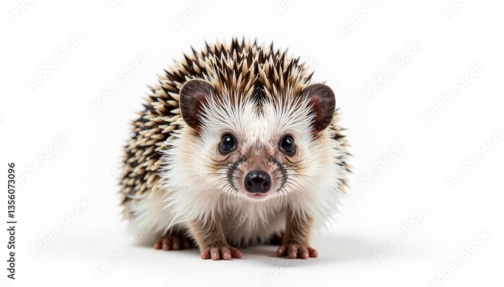 Obraz premium Single hedgehog isolated, against stark white backdrop Showing quills and tiny nose , adorable, wild, background