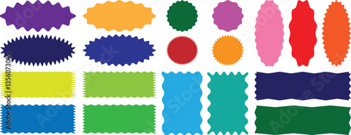 Zig zag edge rectangle shape, colorful collection. Different shapes and sizes frame with zigzag edge. Rectangular jagged curved box element. Geometric zig zag wavy labels, isolated on white background