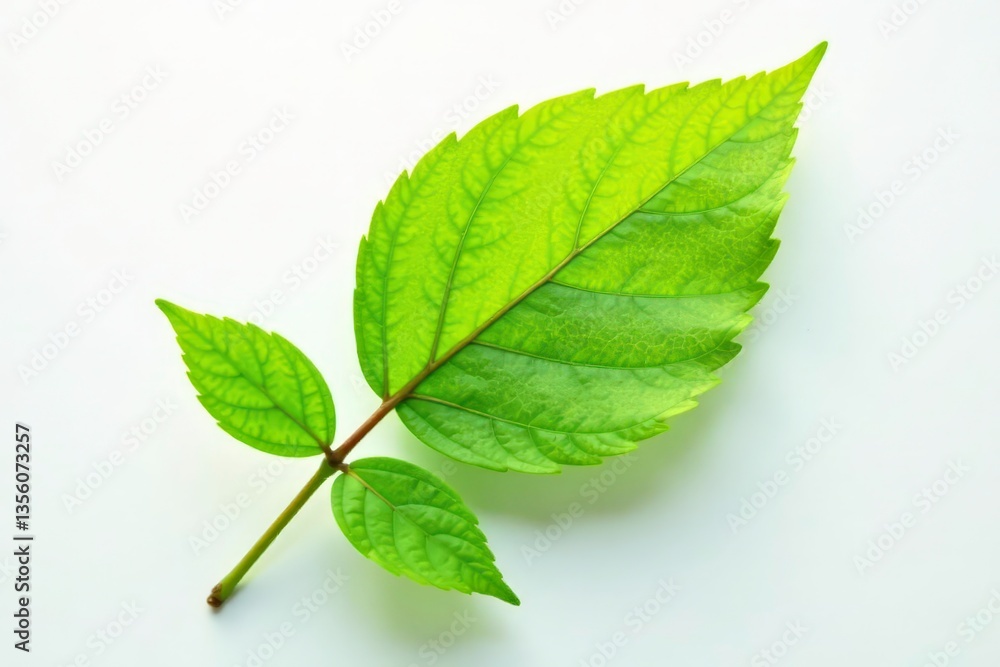 Fototapeta premium Single isolated leaf on white background with light rays, botanical, branch, nature
