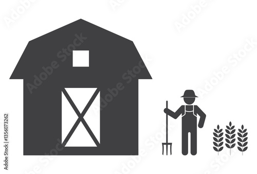 farmer near barn and wheat icon