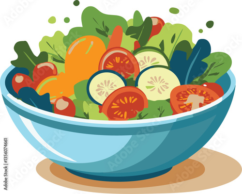 Illustration of a refreshing vegetable salad meal in a blue bowl, simple modern style