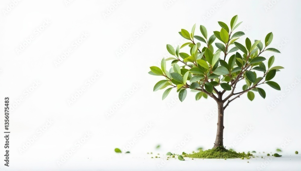 Fototapeta premium Small tree, delicate leaves, stark white backdrop , detail, plant, isolated object