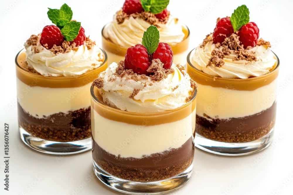 Delightful Layers of Creamy Dessert with Raspberries and Chocolate Garnish in Elegant Glass Cups Delightful Layers of Creamy Dessert with Raspberries and Chocolate Garnish in Elegant Glass Cups